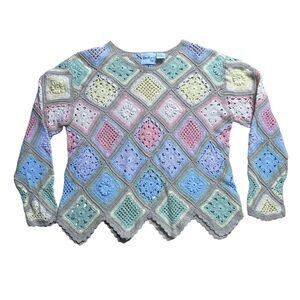 Vintage Bedford Fair Crochet Patchwork Scoop Neck Sweater - Pastel Multi